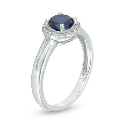 5.7mm Lab-Created Blue Sapphire and Diamond Accent Frame Split Shank Ring in Sterling Silver