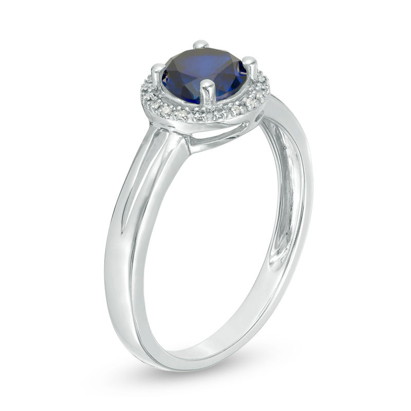 5.7mm Lab-Created Blue Sapphire and Diamond Accent Frame Split Shank Ring in Sterling Silver
