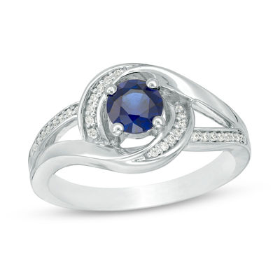 5.0mm Lab-Created Blue Sapphire and 0.09 CT. T.W. Diamond Swirl Frame Split Shank Ring in Sterling Silver