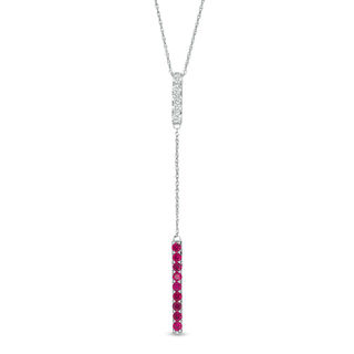 Lab-Created Ruby and White Sapphire Double Bar Lariat-Style Necklace in Sterling Silver - 36"