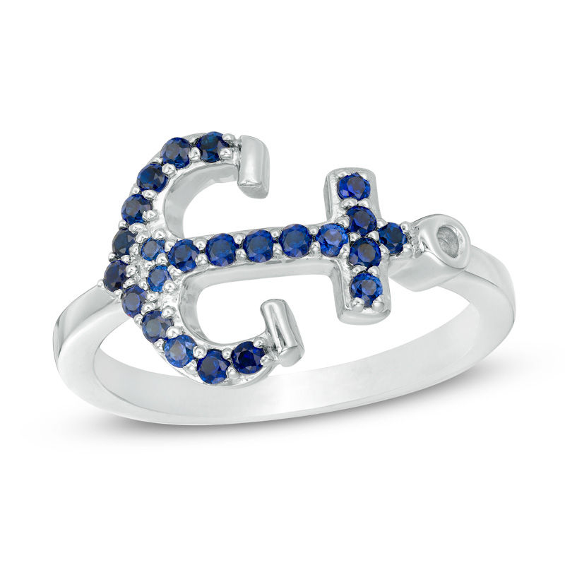 Lab-Created Blue Sapphire Sideways Anchor Ring in Sterling Silver|Peoples Jewellers