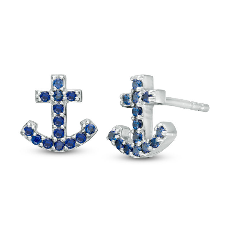 Lab-Created Blue Sapphire Anchor Stud Earrings in Sterling Silver|Peoples Jewellers