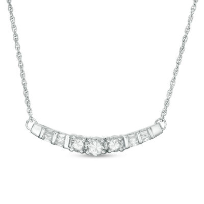 Lab-Created White Sapphire and 0.23 CT. T.W. Baguette Diamond Three Stone Curved Bar Necklace in Sterling Silver - 16.5"