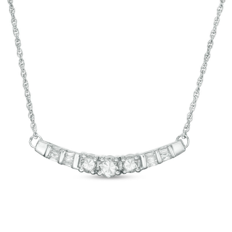 Lab-Created White Sapphire and 0.23 CT. T.W. Baguette Diamond Three Stone Curved Bar Necklace in Sterling Silver - 16.5"|Peoples Jewellers