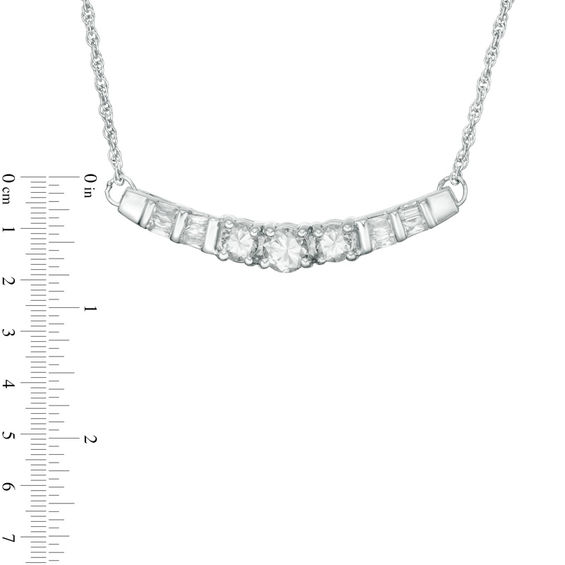 Lab-Created White Sapphire and 0.23 CT. T.W. Baguette Diamond Three Stone Curved Bar Necklace in Sterling Silver - 16.5"