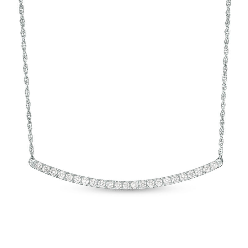 Lab-Created White Sapphire Curved Bar Necklace in 10K White Gold|Peoples Jewellers