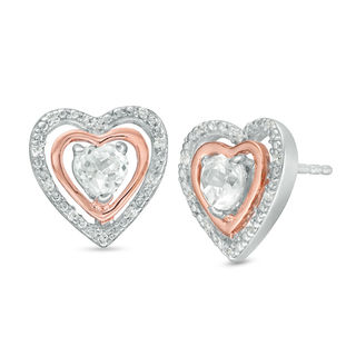 4.0mm Lab-Created White Sapphire and Diamond Accent Heart Stud Earrings in Sterling Silver and 10K Rose Gold