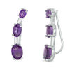 Thumbnail Image 1 of Oval Amethyst Three Stone Curved Crawler Earrings in Sterling Silver