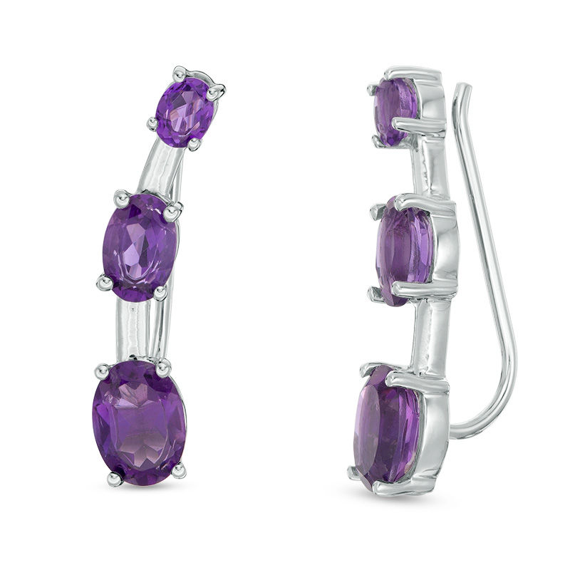 Oval Amethyst Three Stone Curved Crawler Earrings in Sterling Silver|Peoples Jewellers
