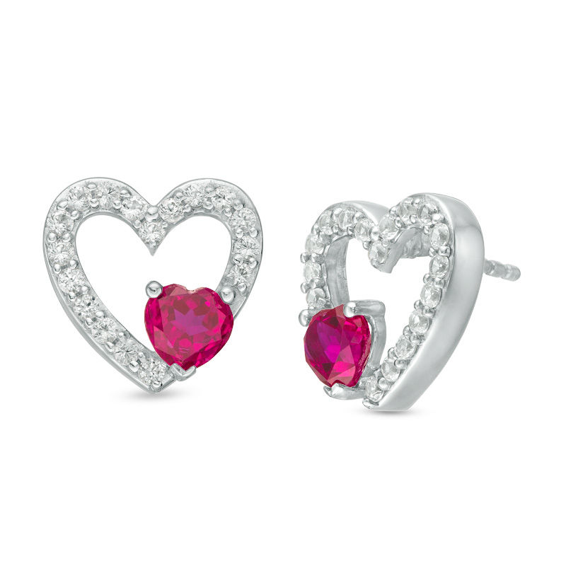 5.0mm Lab-Created Ruby and White Sapphire Heart Stud Earrings in Sterling Silver|Peoples Jewellers