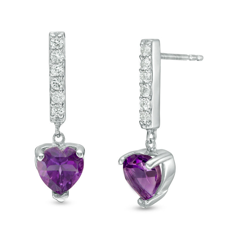 6.0mm Heart-Shaped Amethyst and Lab-Created White Sapphire Drop Earrings in Sterling Silver