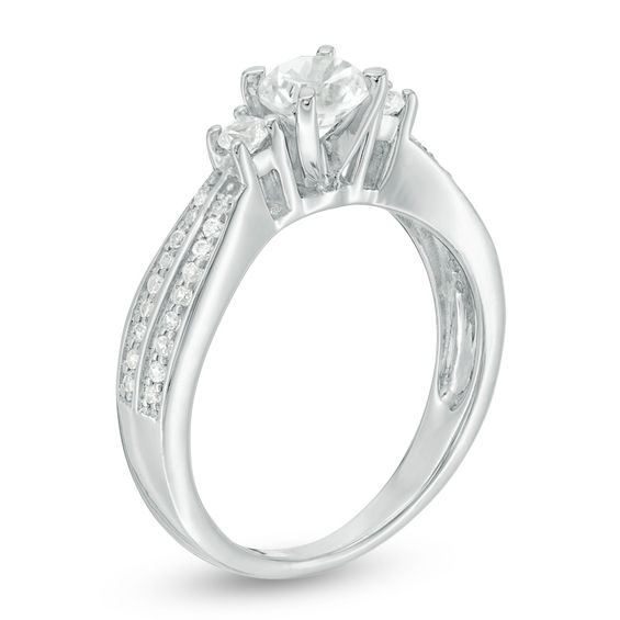 Lab-Created White Sapphire and 0.15 CT. T.W. Diamond Double Row Three Stone Ring in Sterling Silver