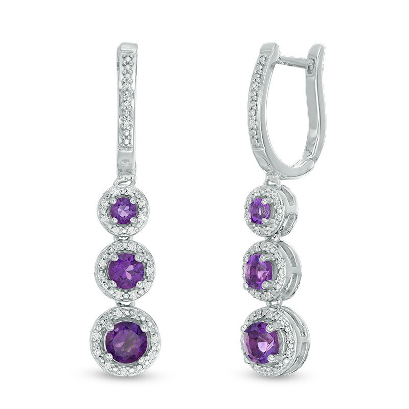 Amethyst and 0.15 CT. T.W. Diamond Frame Three Stone Drop Earrings in Sterling Silver|Peoples Jewellers