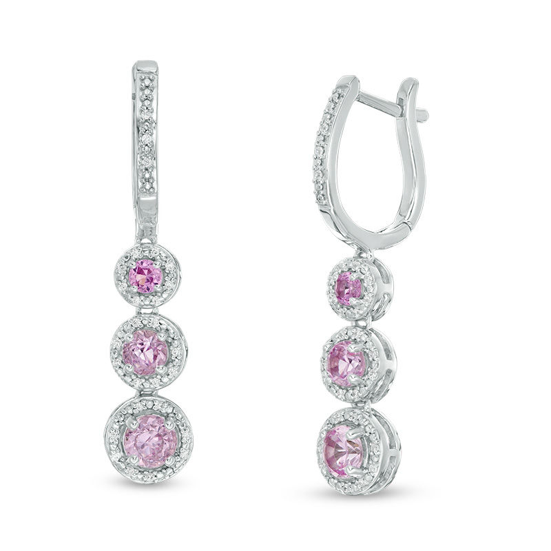 Lab-Created Pink Sapphire and 0.15 CT. T.W. Diamond Frame Three Stone Drop Earrings in Sterling Silver|Peoples Jewellers