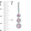 Thumbnail Image 1 of Lab-Created Pink Sapphire and 0.15 CT. T.W. Diamond Frame Three Stone Drop Earrings in Sterling Silver