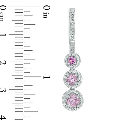 Lab-Created Pink Sapphire and 0.15 CT. T.W. Diamond Frame Three Stone Drop Earrings in Sterling Silver