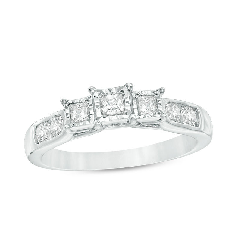 0.45 CT. T.W. Princess-Cut Diamond Past Present Future® Engagement Ring in 10K White Gold