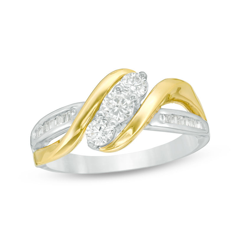 0.45 CT. T.W. Baguette and Round Diamond Three Stone Bypass Ring in 10K Two-Tone Gold|Peoples Jewellers