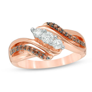 0.45 CT. T.W. Enhanced Champagne and White Diamond Three Stone Bypass Ring in 10K Rose Gold