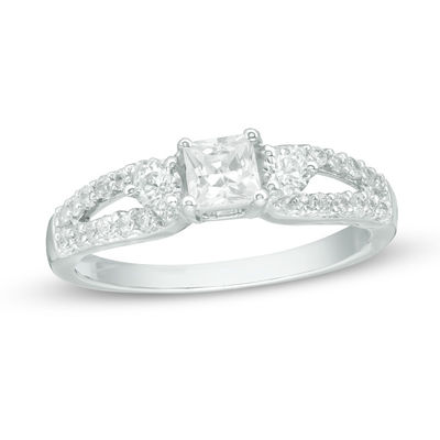 0.70 CT. T.W. Princess-Cut and Round Diamond Three Stone Split Shank Ring in 10K White Gold