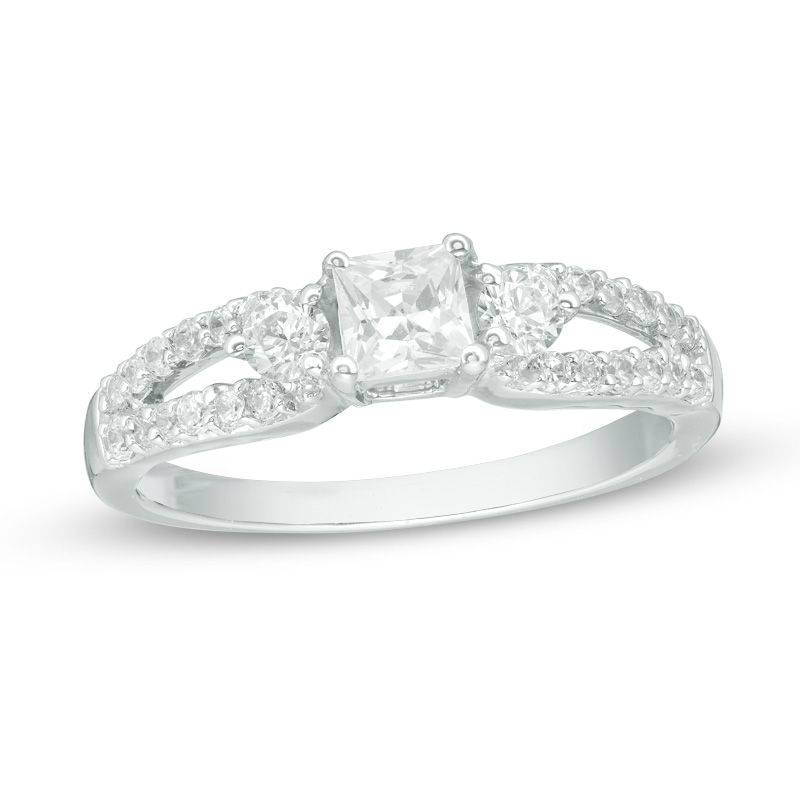 0.70 CT. T.W. Princess-Cut and Round Diamond Three Stone Split Shank Ring in 10K White Gold|Peoples Jewellers