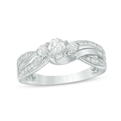 0.45 CT. T.W. Diamond Three Stone Bypass Ring in 10K White Gold