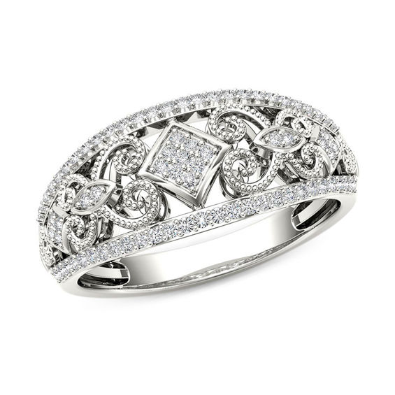 0.18 CT. T.W. Composite Diamond Vintage-Style Tilted Square Filigree Ring in 10K Gold