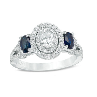 Vera Wang Love Collection 0.70 CT. T.W. Oval Diamond and Blue Sapphire Three Stone Ring in 14K White Gold