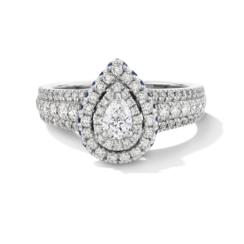 Main Image 1 of Vera Wang Love Collection 0.95 CT. T.W. Pear-Shaped Diamond and Sapphire Double Frame Engagement Ring in 14K White Gold