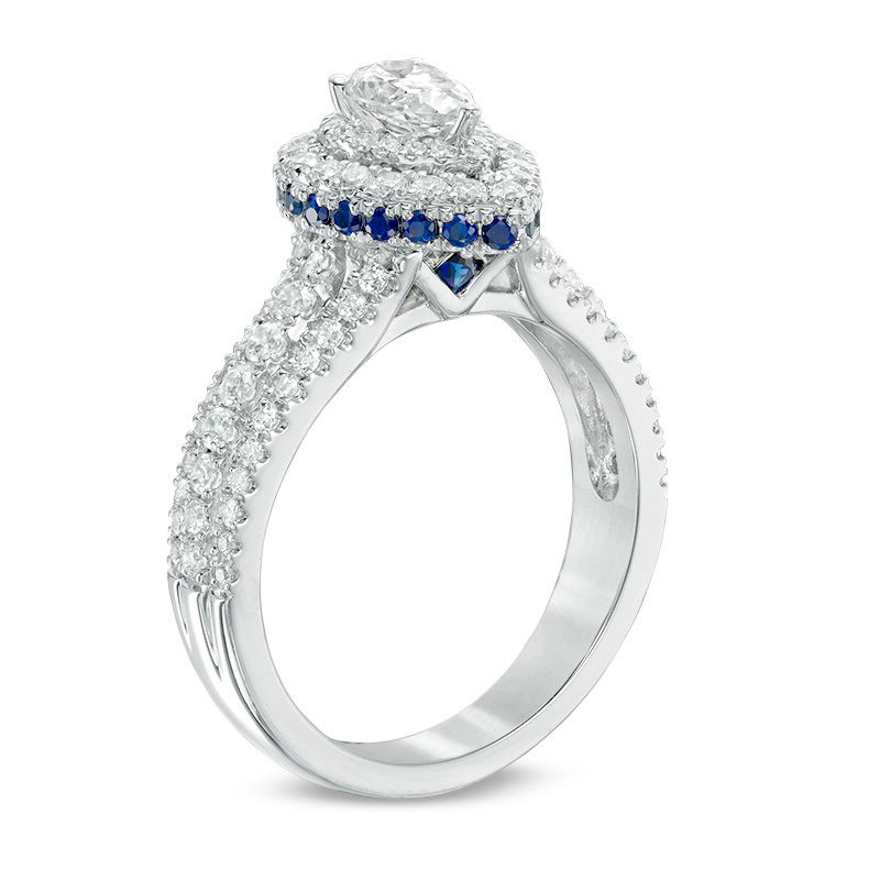 Vera Wang Love Collection 0.95 CT. T.W. Pear-Shaped Diamond and Sapphire Double Frame Engagement Ring in 14K White Gold|Peoples Jewellers