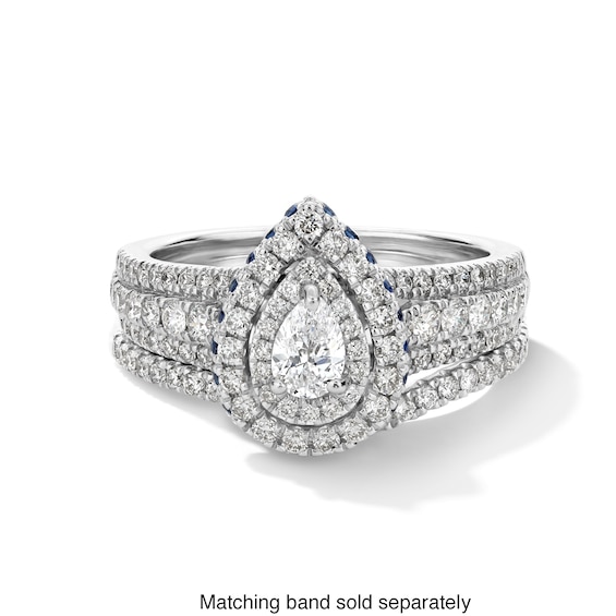 Vera Wang Love Collection 0.95 CT. T.W. Pear-Shaped Diamond and Sapphire Double Frame Engagement Ring in 14K White Gold