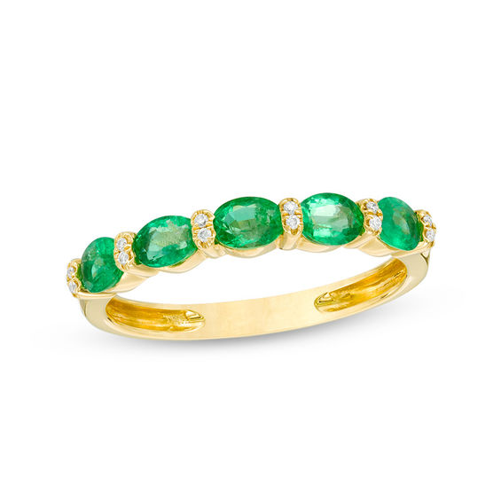 Sideways Oval Emerald and Diamond Accent Alternating Band in 10K Gold