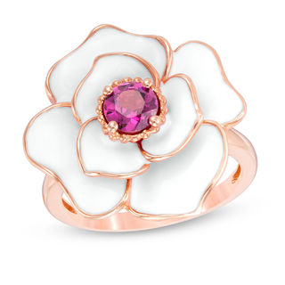 Rhodolite Garnet with White Enamel Rose Ring in 10K Rose Gold