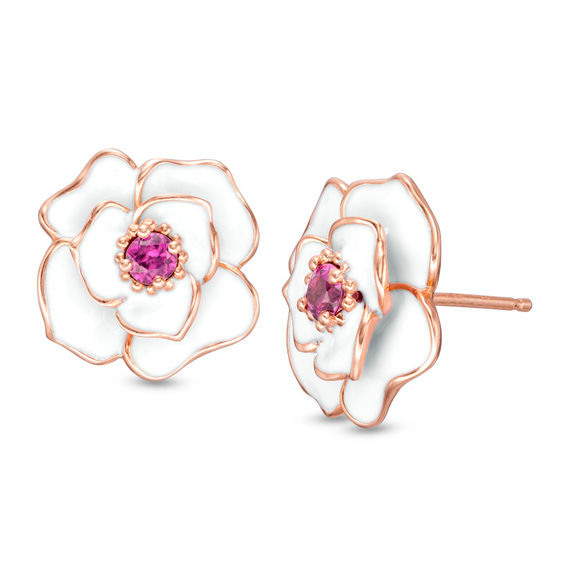 Rhodolite Garnet with White Enamel Rose Stud Earrings in 10K Rose Gold