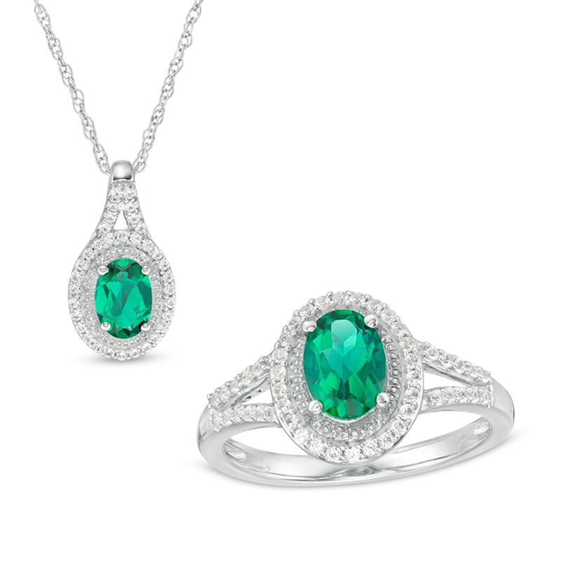 Oval Lab-Created Emerald and White Sapphire Frame Split Shank Ring and Pendant Set in Sterling Silver