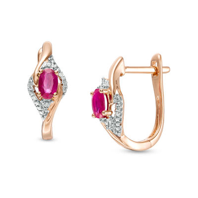 Oval Ruby and Diamond Accent Beaded Swirl Hoop Earrings in 10K Rose Gold