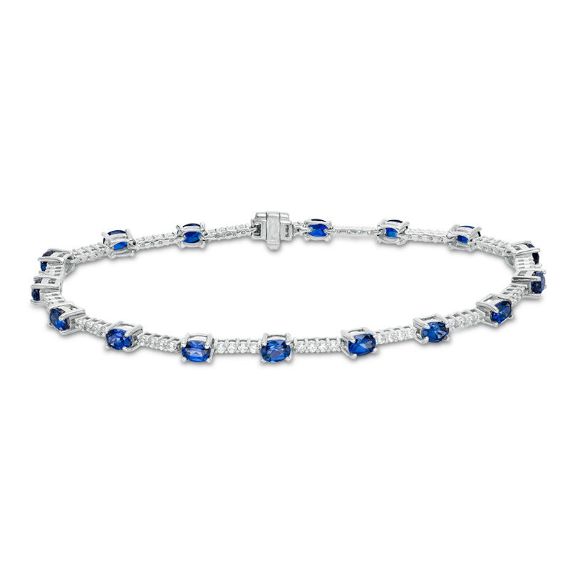 Oval Lab-Created Ceylon and White Sapphire Bar Bracelet in Sterling Silver