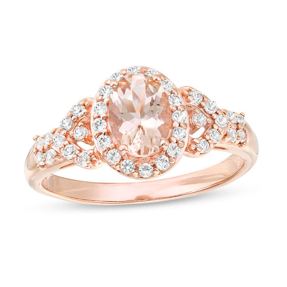 Oval Morganite and White Topaz Frame Petal-Sides Double Row Ring in 10K Rose Gold