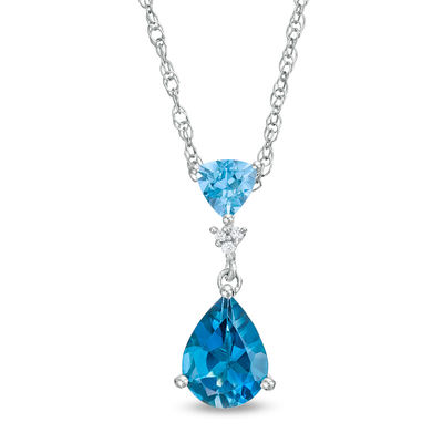 Pear-Shaped London and Swiss Blue Topaz with Lab-Created White Sapphire Double Drop Pendant in Sterling Silver