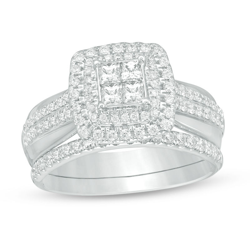 1.00 CT. T.W. Quad Princess-Cut Diamond Double Frame Bridal Set in 10K White Gold|Peoples Jewellers