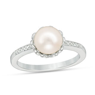 Vera Wang Love Collection 7.5-8.0mm Freshwater Cultured Pearl and Diamond Accent Ring in Sterling Silver