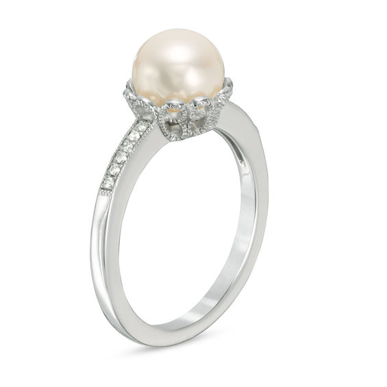 Vera Wang Love Collection 7.5-8.0mm Freshwater Cultured Pearl and Diamond Accent Ring in Sterling Silver