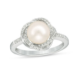 Vera Wang Love Collection 8.0-8.5mm Freshwater Cultured Pearl 0.14 CT. T.W. Diamond Ring in Sterling Silver