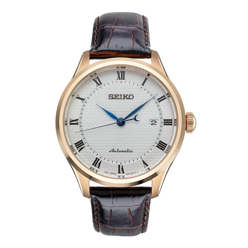 Men's Seiko Automatic Rose-Tone Strap Watch with White Dial (Model: SRP772)