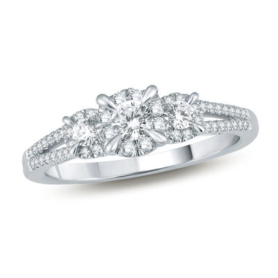 0.23 CT. T.W. Diamond Frame Three Stone Split Shank Promise Ring in 10K White Gold