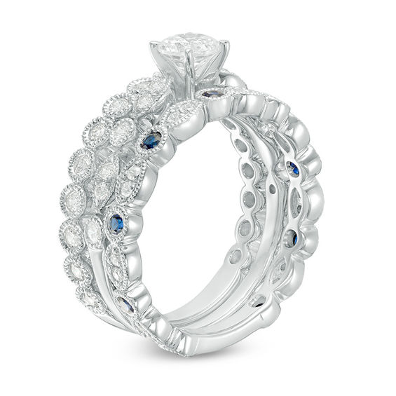 1.11 CT. T.W. Certified Canadian Diamond and Blue Sapphire Bridal Set in 14K White Gold (I/I2)