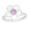 Lab-Created Pink Sapphire with White Enamel Plumeria Ring in Sterling Silver