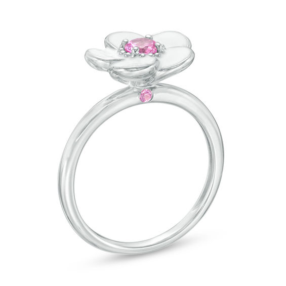 Lab-Created Pink Sapphire with White Enamel Plumeria Ring in Sterling Silver