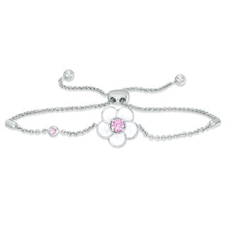 Lab-Created Pink Sapphire with White Enamel Plumeria Bolo Bracelet in Sterling Silver - 9"