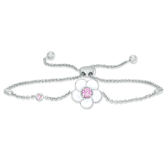 Lab-Created Pink Sapphire with White Enamel Plumeria Bolo Bracelet in Sterling Silver - 9"